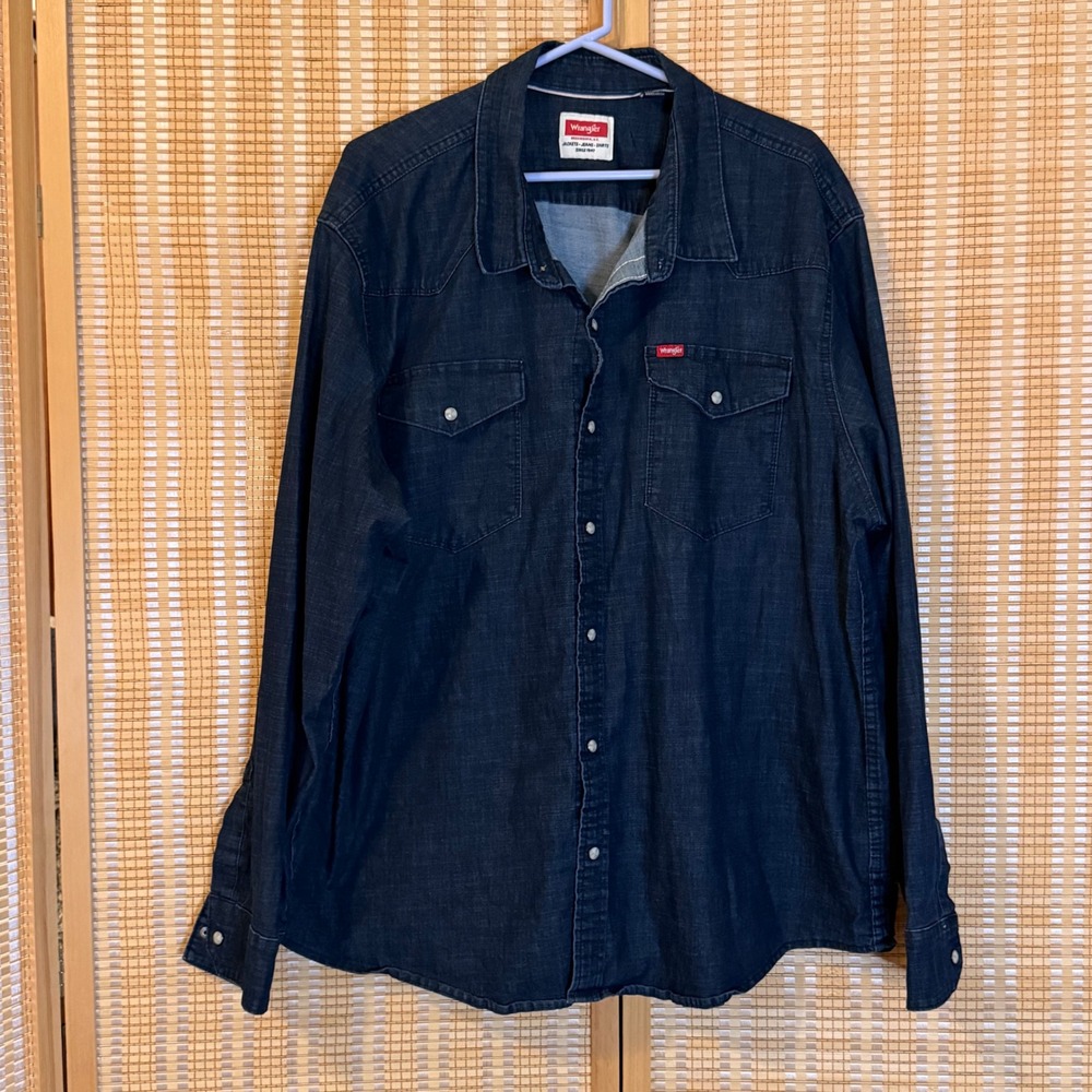 Wrangler Mens 2XL Dark Wash Denim Western Pearl Snap Long Sleeve Shirt Workwear